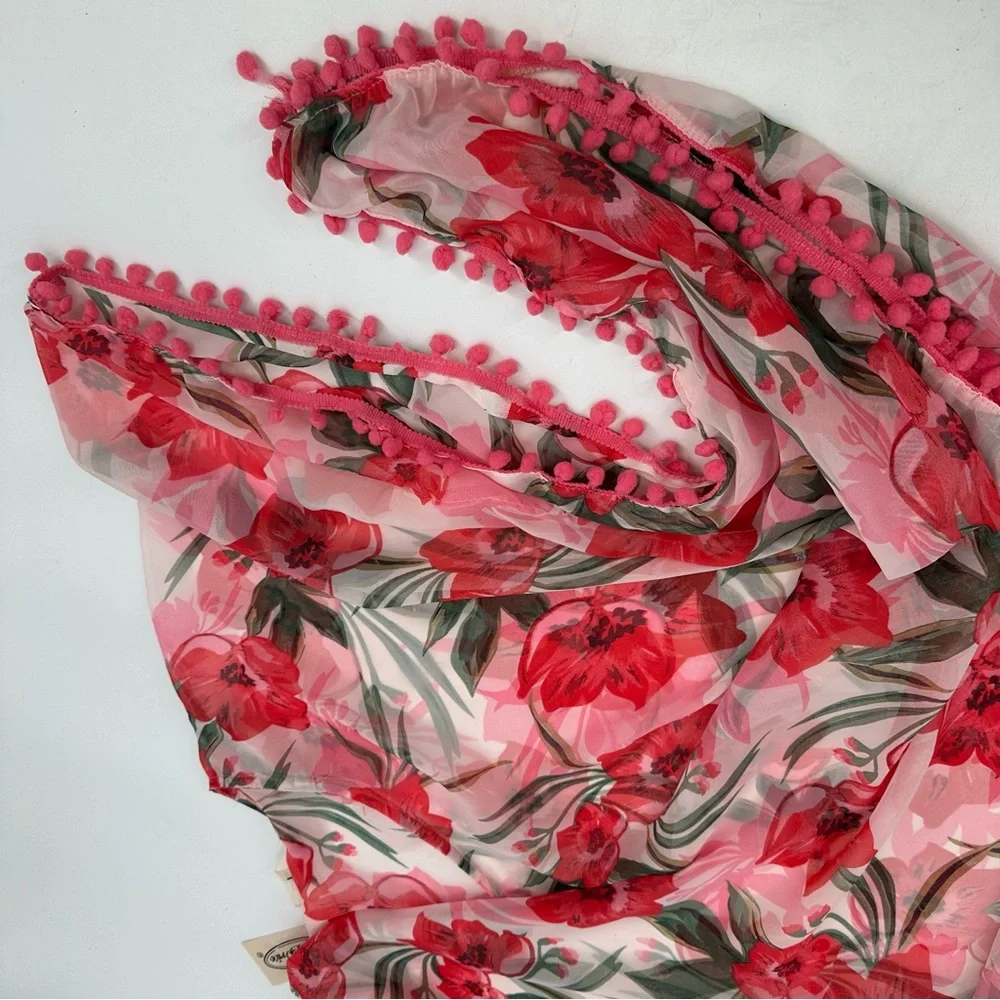Shore Drive Caftan Swim Cover Pompom Pullover Pink Floral Semisheer Vneck New